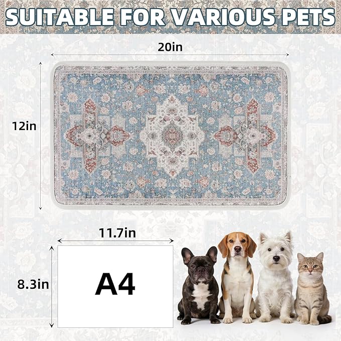 PUPTECK Dog Food Mat, Absorbent Pet Feeding Bowl Mat, Non-Slip Dog Mat for Food and Water, Quick Dry No Stains Cat Placemats Pet Supplies for Messy Drinkers, Blue 12"x20"