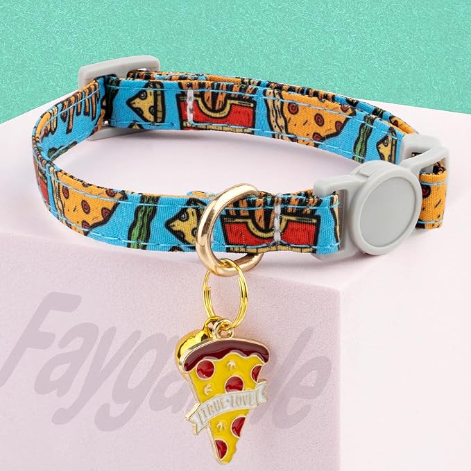 Faygarsle 2 Pack Breakaway Cat Collar with Bells for Female Malel Cats Cute Blue White Collar with Pizza Fries Charm for Cats