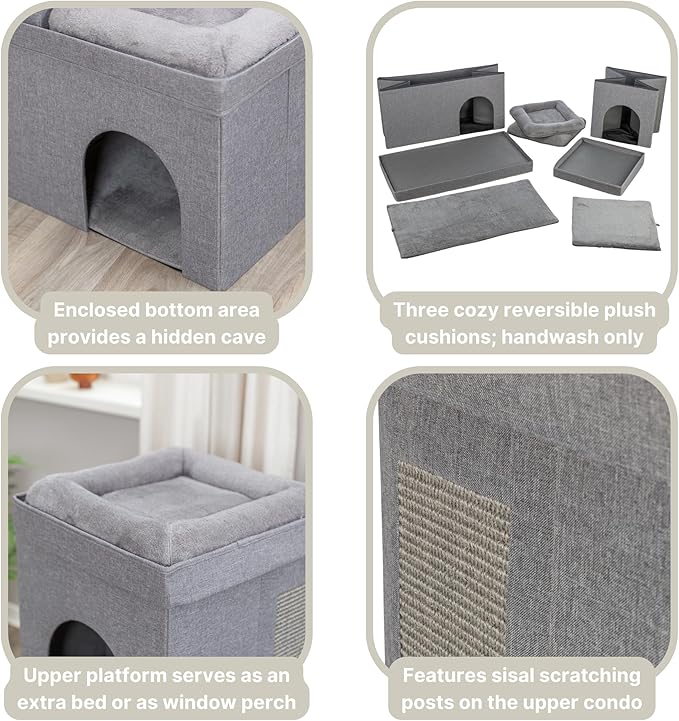 TRIXIE Double Crazy Cube Stackable Cat Condo with Sisal Scratching Surface & Reversible Plush Cushions, Tool-Free Assembly, Collapsible Modular Indoor Cat Furniture for Home Use, Supports up to 35 lbs
