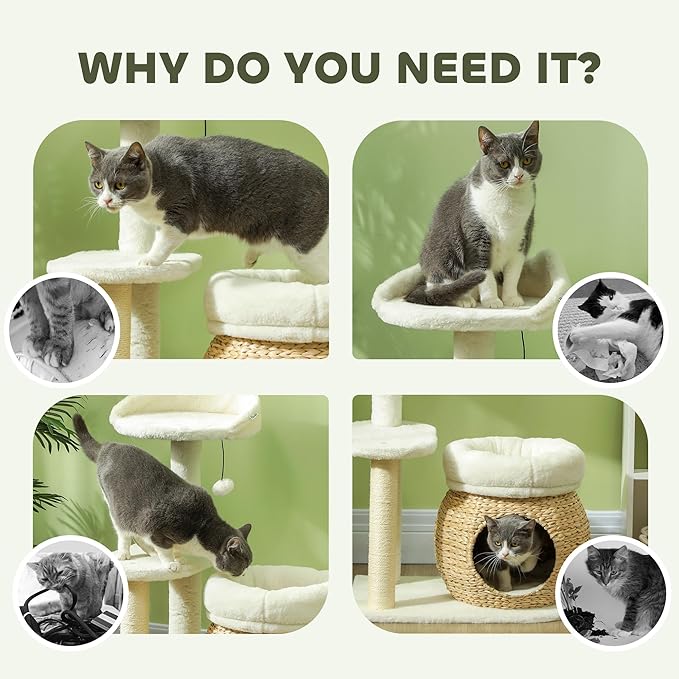 PawHut 31" Cat Tree, Cat Tower for Indoor Cats with Sisal Scratching Posts, Cat Condo, Cat Beds, Platform and Toy Ball, Cat Activity Center, Cream White