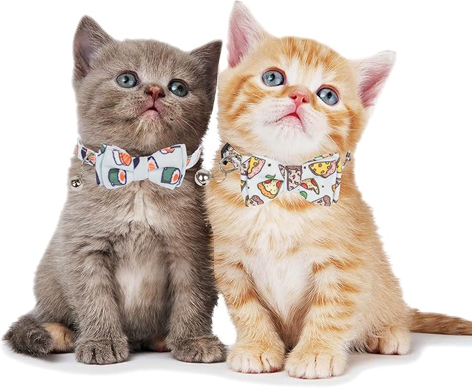 ADOGGYGO Cat Collar Breakaway with Bow Tie Bell - 2 Pack Kitten Collar with Removable Bowtie, Sushi Pizza Bowtie Collar for Cats Kittens (6.5"- 8.5")