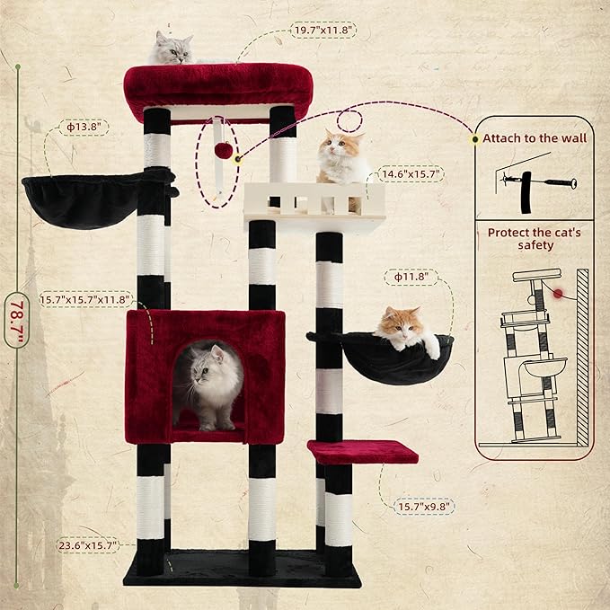 Cat Tree for Indoor Cats Large Adult, Heavy Duty Cat Tree for Large Cats 20 lbs+, Cat Condo with Big Wooden Perch, Cat Tower with 14 Scratching Posts, Hammock, Black GCT023BR