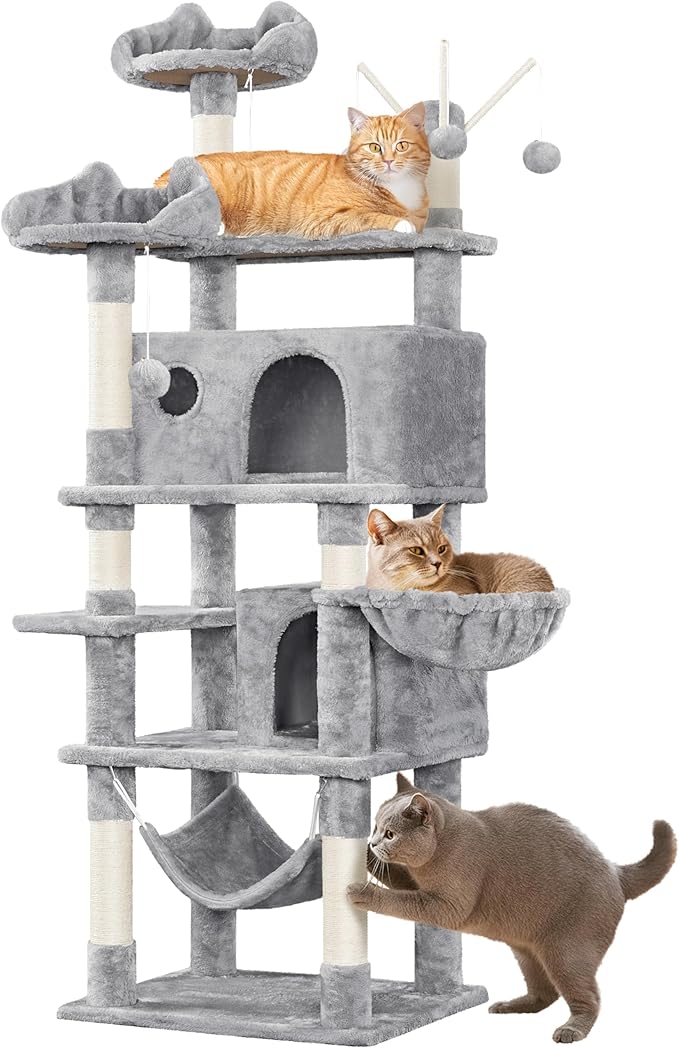 Yaheetech Cat Tree, 67in Large Tower w/ 3 Removable Teaser Sticks, 2 Kitten-Ear Shaped Perches, 2 Condos, Hammock, Scratching Post, Multi Level Pet House, Light Gray