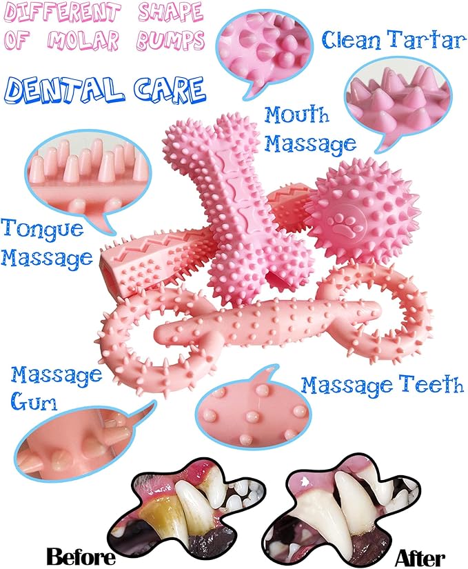 4 Pack Puppy Teething Toys Dog Durable Chew Toys Soft Rubber Toy Dog Teeth Cleaning Toothbrush Toy Cute Interactive Toys for Puppies Small Breed (Pink)