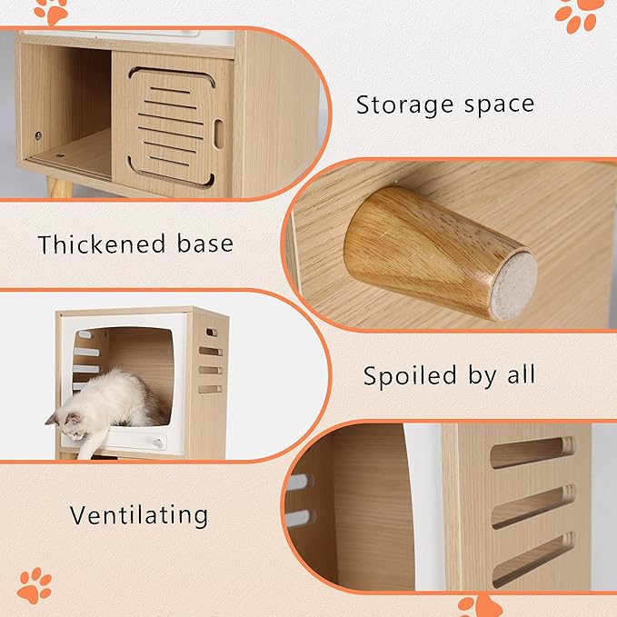 Cat House Side Table, 2-in-1 Wooden Cat House and Bedside Table with Scratching Board - Large Retro TV-Style Two-Tier Indoor Cat Activity Center, Suitable for Indoor Use, Bedside. (Oaken, O)