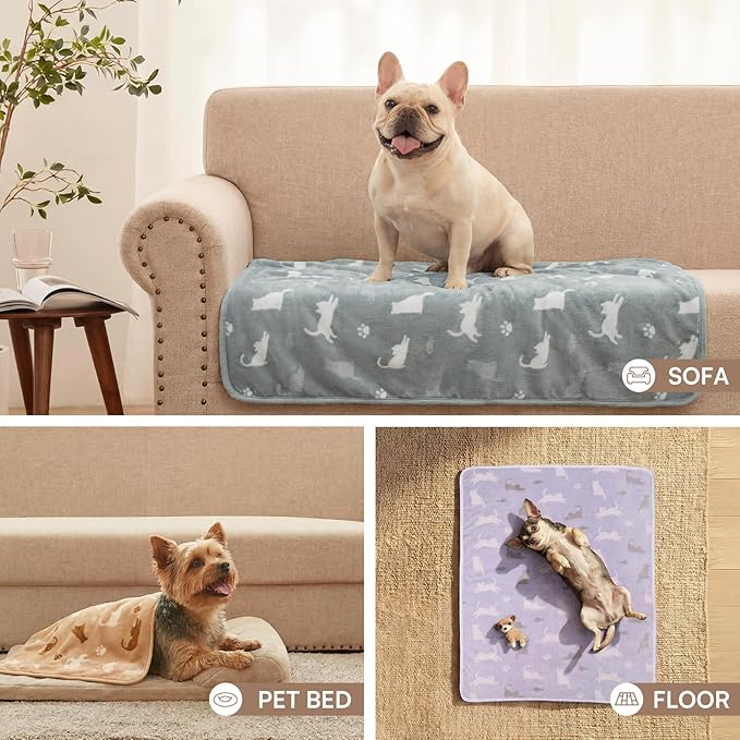 Luciphia 1 Pack 3 Cat Printed Fleece Pet Blankets Washable，Soft Warm Throw Covers for Crate Couch Bed，Cozy Puppy Essentials for Dogs and Cats，Purple/Grey/Khaki, Medium (30x20)