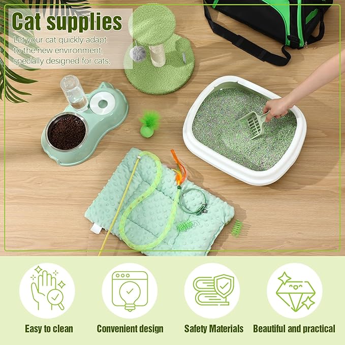 Eccliy Kitten Starter Kit, 10 Pcs Cat Starter Kit for Indoor Cats Kitten Essentials Includes Litter Box, Pet Toy, Folding Carrier, Climbing Frame, Mat, Collar, Automatic Food Bow(Classic,Green)