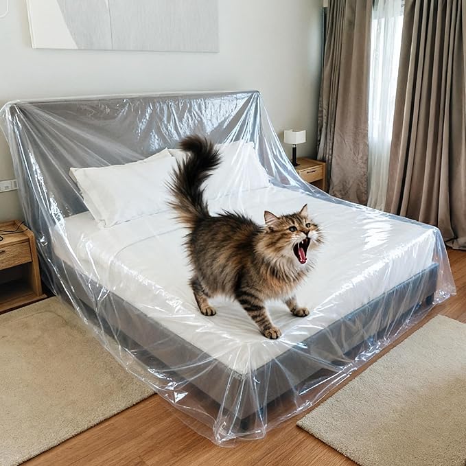 Plastic Bed Cover - Waterproof Furniture Sofa Couch Protector from Cat Full Extra Large King Queen Bed Storage Dust Cover for Moving