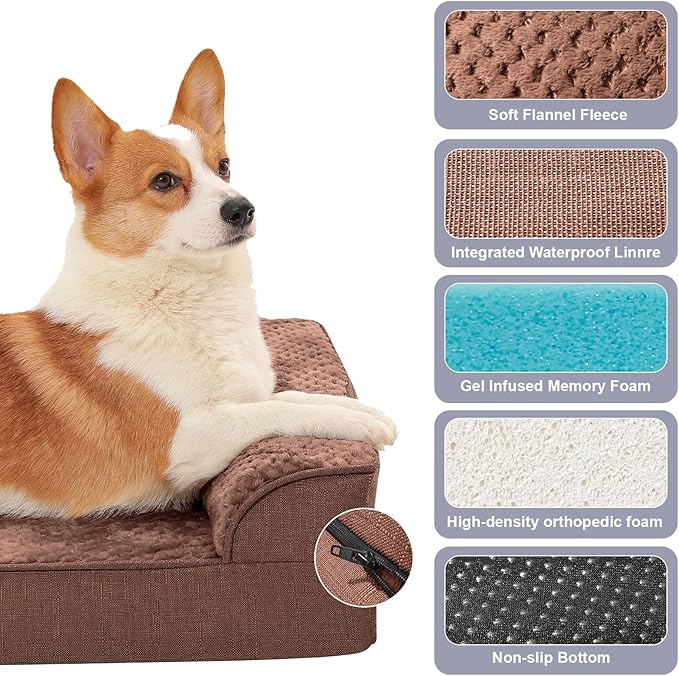 Orthopedic Dog Bed Medium Size Dog, Memory Foam Dogs Bed for Medium Dogs, Washable Removable Cover, Nonskid Bottom, Waterproof, for Indoor, Outdoor, Crate ＆ Car Use, 35x23x6 Inches, Brown Grey