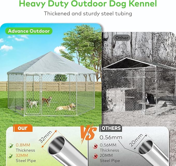 9.1x9.1 FT Outdoor Dog Kennel Heavy Duty Dog Enclosure with Waterproof Cover and Security Lock, Galvanized Wire Mesh Hexagonal Large Dog Kennel(109.4x109.4x95.3IN)