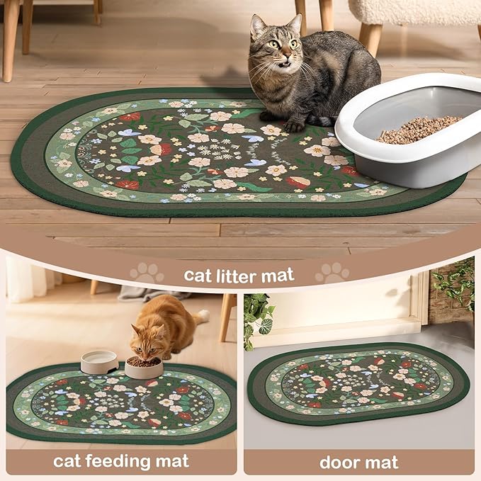 Bienbee Cat Litter Mat, 33" x 22" Large Size Litter Box Mat Rug with Non-Slip Bottom,Urine and Water Proof, Easy to Clean Cat Supplies Essentials for Indoor Kitty Kitten Floor,Green Flowers L