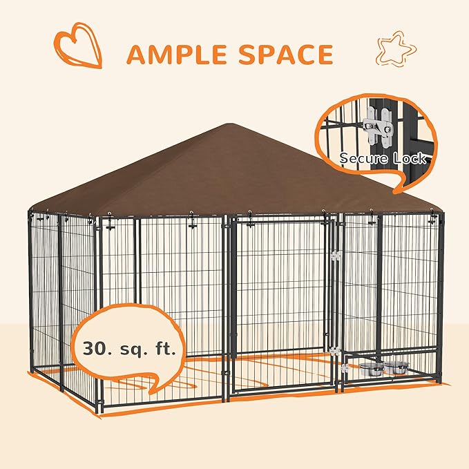 PawHut Outside Dog Kennel, 6.9' x 4.6' x 5' Puppy Play Pen with Canopy, Garden Playpen Fence Crate Enclosure Cage Rotating Bowl, for Dogs, Chickens, Ducks, Black