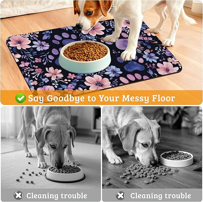 Paw Print Dog Food Mat,Watercolor Flower Absorbent Pet Feeding Mat for Food and Water Bowl,Quick Dry Dog Placemat Non Slip Rubber Backing Waterproof Pet Supplies 16" x 24"