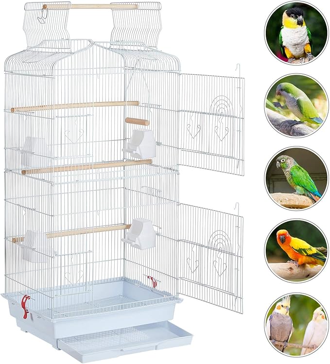 Yaheetech 41'' Open Top Medium Size Quaker Parrot Bird Cage Cockatiel Indian Ring Neck Sun Parakeet Green Cheek Conures Lovebird Budgie Canary Finch Parrotlet Bird Cage, White