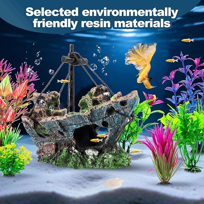 8Pcs Fish Tank Decorations Set Sunken Ship Decoration,Resin Material Fish Tank Accessories Accessories for Natural Look, Aquarium Shipwreck x 1pc, Aquatic Plants x 7pcs