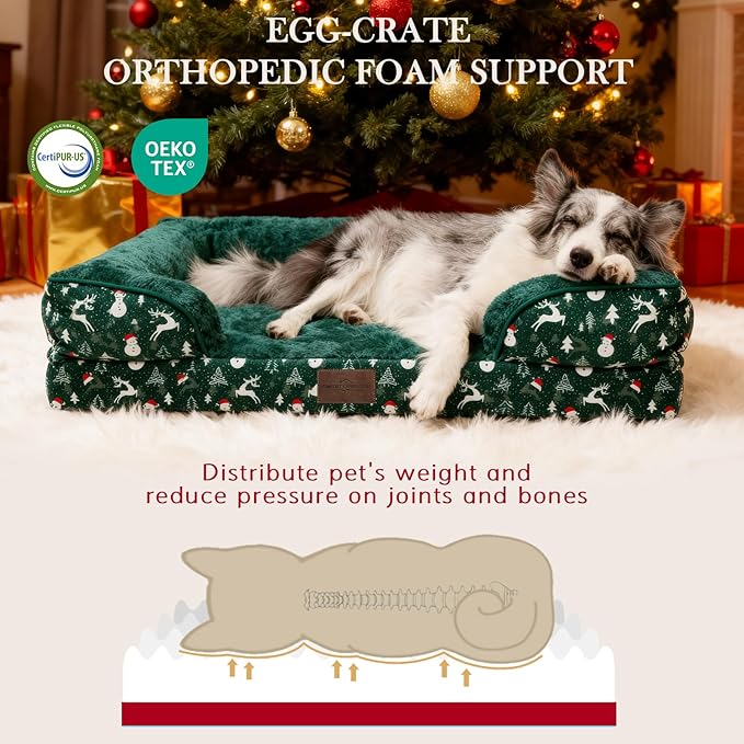 Comfort Expression Orthopedic Dog Bed for Extra Large Dogs 42x30 Inch, Waterproof Egg Crate Foam XL Pet Bed, Gifts for Christmas, Dog Couch with Washable Cover & Non-Slip Bottom, Christmas Green