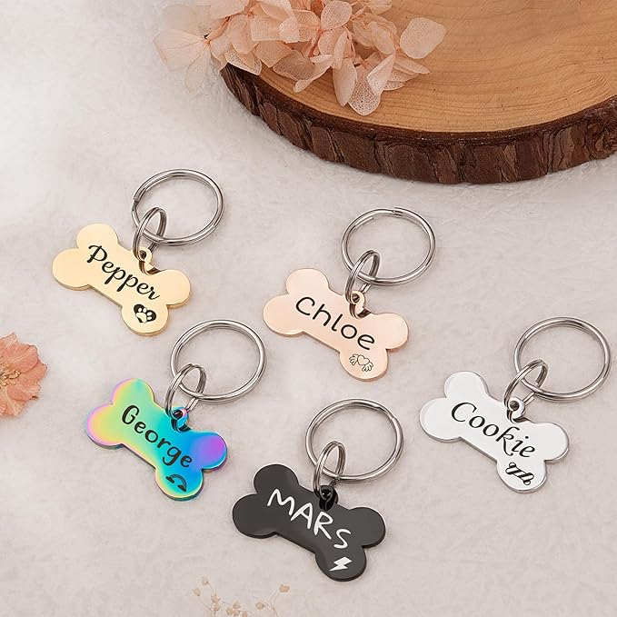 Anavia Small Size Dog Cat ID Tags, Small/XS Personalized Color Plated Stainless Steel Puppy Kitten Name Tags, Customized Engraved Nameplate Pet Collar Tag (Black, Bone)