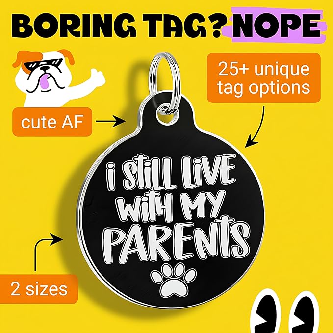 Bad Tags Personalized Dog and Cat ID Tags in 25+ Designs and 2 Sizes - 5 Lines of Custom Engraved Text - Funny Cute Personalized Pet Tags (I Still Live with My Parents, Small (1 inch))