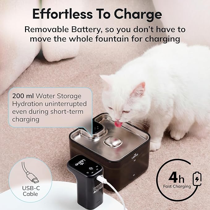 Cat Water Fountain Cordless, 88oz/2.6L Wireless Pet Water Fountains for Cats Indoor, Battery Operated Cat Drinking Fountain with Motion Sensor, Ultra Quiet Pump, BPA-Free, Black
