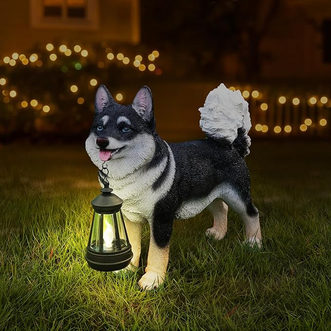 Akita Statue Outdoor Decorations – Outdoor Dog Statue Standing Black Akita with Removable Solar Light & Welcome Sign for Patio Décor