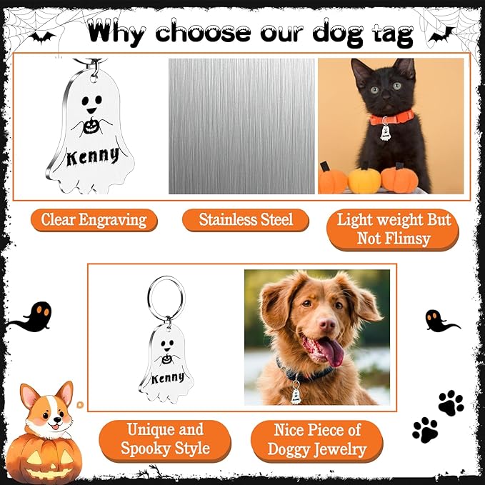 Personalized Pet Tags for Dog Cat, Custom Halloween ID Tags for Dogs, Dog Name Tags Engraved for Pets, Boo Basket Stuffers, Halloween Gifts for Dogs Lovers (Ghost)