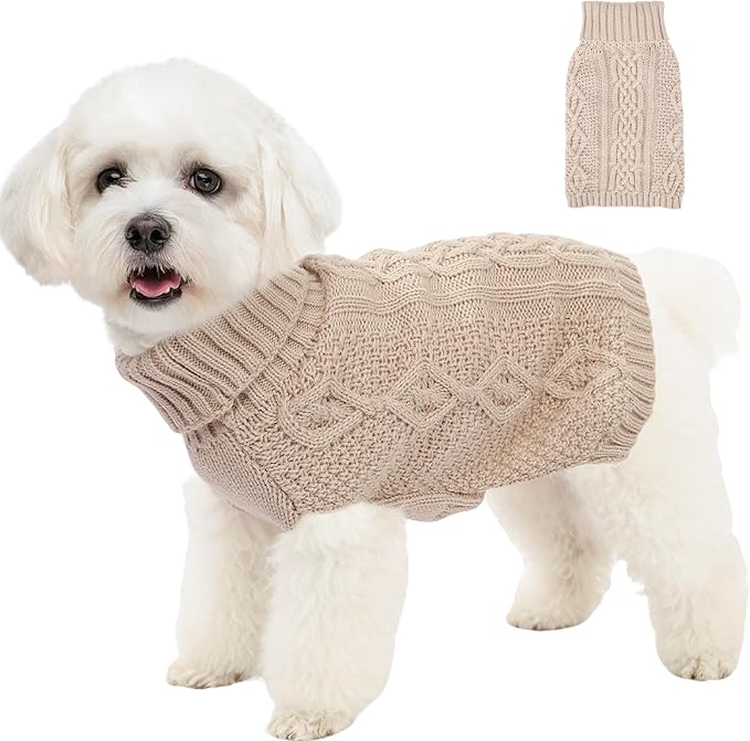 Knitted Dog Sweaters for Small Dogs Warm Small Dog Clothes Winter Sleeveless Puppy Sweater Turtleneck Dachshund Clothes with Twisted Design Doggy Pullover Knitwear Pet Cat Outfit (Beige, Medium)
