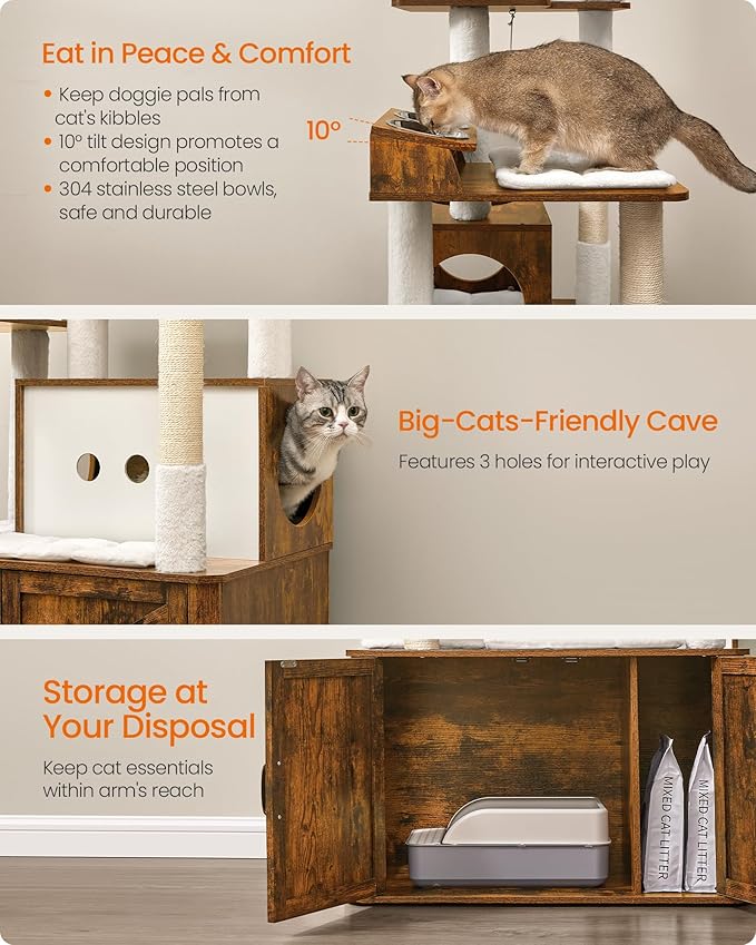 Feandrea Cat Tree, 66.9-Inch Cat Tower with Litter Box Enclosure, Large Condo with Food Station, Storage, Scratching Posts, Cave, Hammock, Washable Cushions, Rustic Brown UPCT169K01