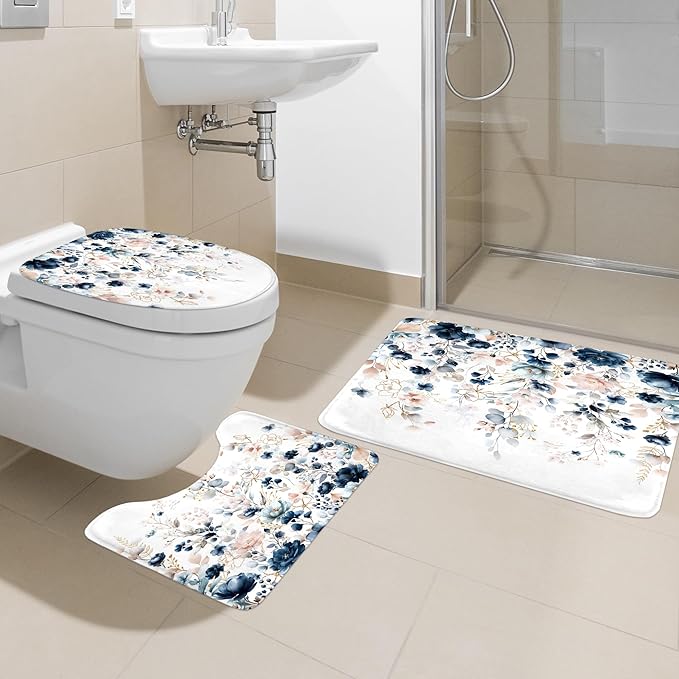 4 PCS Navy Blue Floral Flower Shower Curtain Set 72Wx72H Inch Watercolor Pastel Plant Complete Bathroom Set Non-Slip Bath Rug Toilet Lid Cover and U Shape Mat Accessories 12 Hooks Bathoom Decor