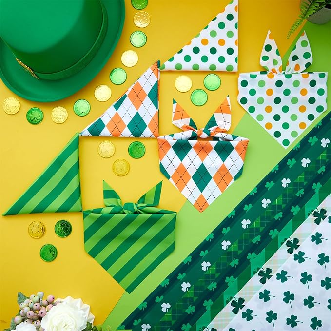 Weewooday 50 Pcs St Patricks Day Bandanas Bulk for Dogs Adjustable Irish Shamrocks Clover Green Plaid Triangle Soft Bibs Puppy Bandana for Small Medium Large Cat Pet Costume(31.5 x 21.7 X21.7 Inch)