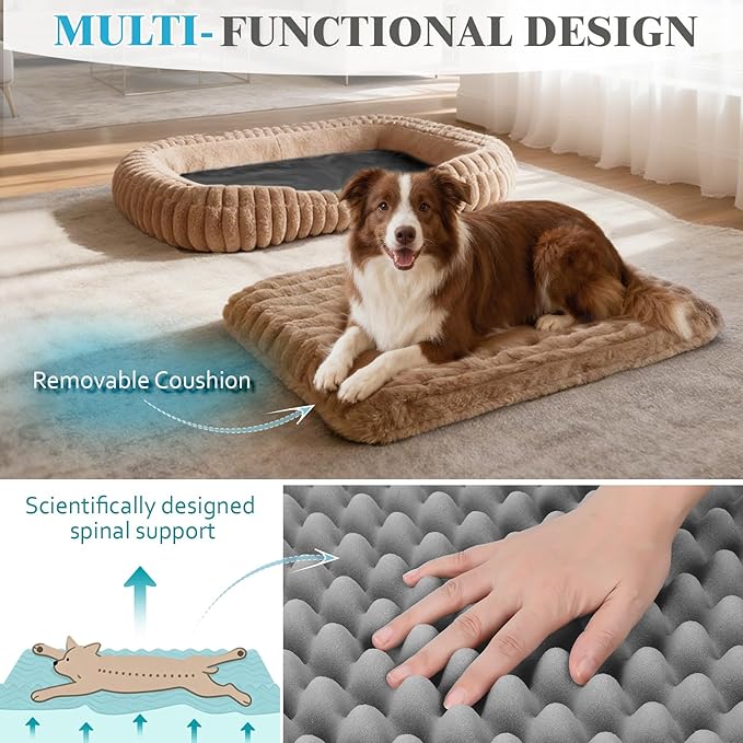 Washable Medium Size Dog Bed, Durable Calming Orthopedic Pet Bed with Removable Cushion Cover & Anti-Slip Bottom, Rectangle Bolster Sides Dog Bed with Handle, 30x24x4inches, Brown