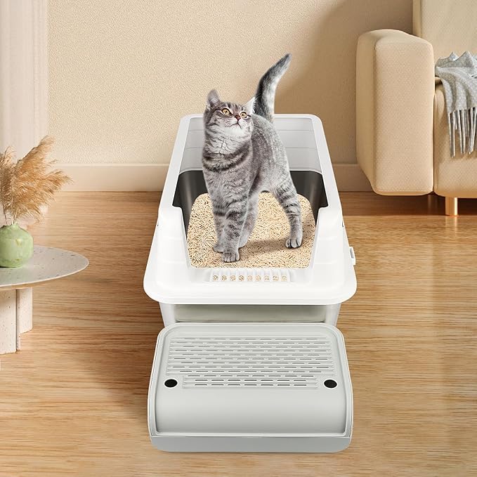 Litter Box Step, Cat Step/Ramp/Catcher with Filter Function, Easy to Clean, Ideal for Kitten & Elderly Cats (Light Grey)