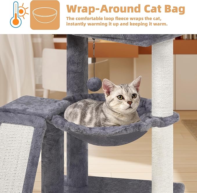 YOUPET Cat Tree with Cat Scratching Post for Indoor Cats, Cat Tower with Scratching Board and Playful Toy Balls, Cat Tree Tower with Cozy Hammock,Grey