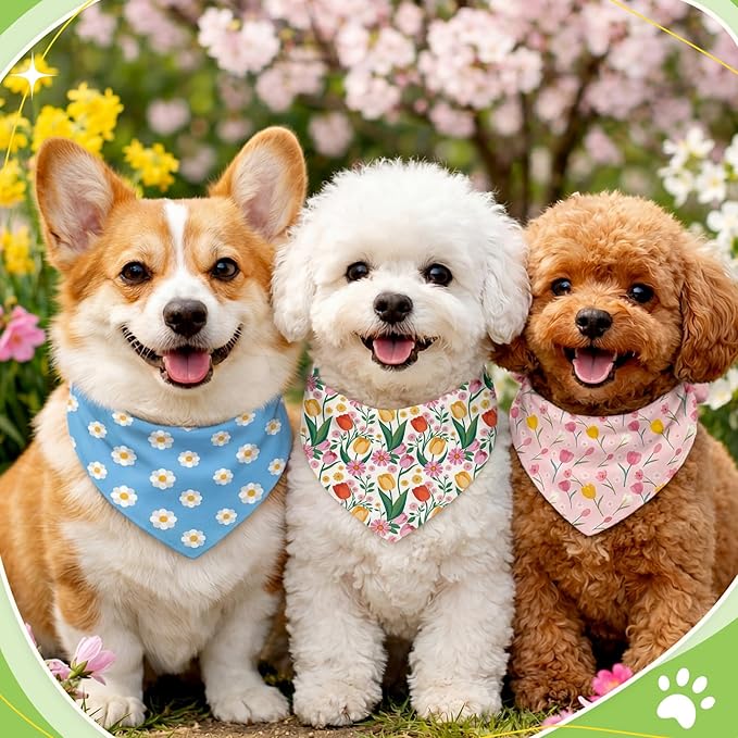 Weewooday 50 Pcs Spring Dog Bandanas Bulk with Daisy, Flower, Floral Soft Bibs Adjustable Triangle Pet Scarf Bowtie for Small Medium Large Costume Grooming(19.7 x 13.8 x 13.8 Inch)