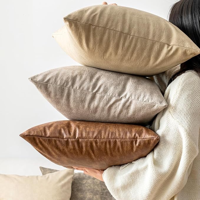 Oversized Neutral Decorative Leather Pillow Cover Pack of 2, Beige Thickened Farmhouse Abrasion Floor Cushion Cover, for Home Decor Outdoor Lounge Office Cafe Throw Pillow Covers 24x24 inch