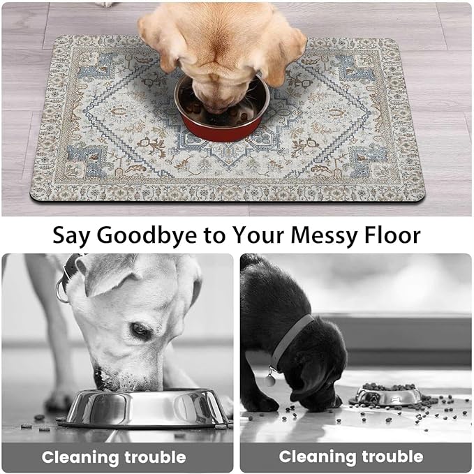 Dog Food Mats for Floors, Absorbent and Quick-Drying Pet Cat Food Mat,Anti-Fouling and Easy-to-Clean Pet Feeding Mat,Dog Bowl Mat for Messy Drinking Water Bowls.16 x24, Bohemia Style