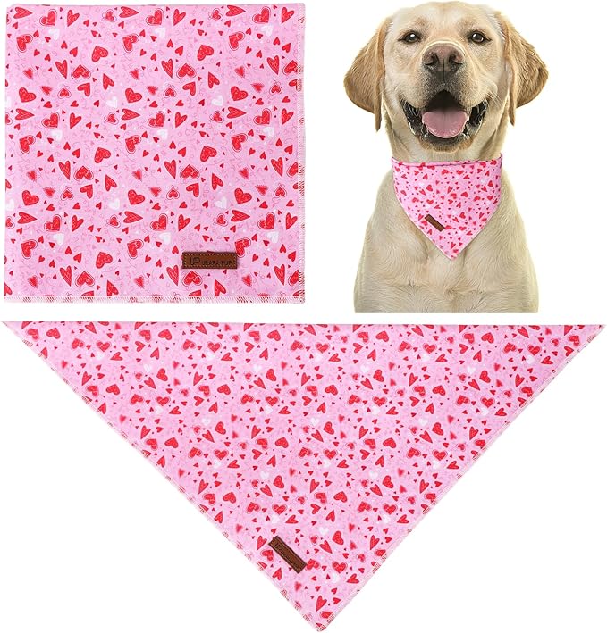 Valentine Dog Bandana - Pink Heart Triangle Bib Scarf for Small Medium Pets, Cotton Kerchief for Girl Boy Dogs or Cats, Red Puppy Bandana