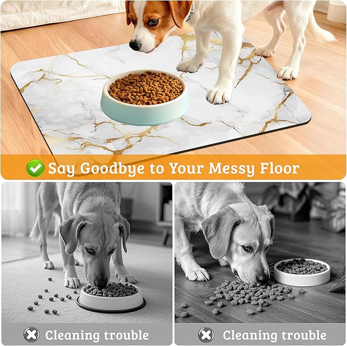 Abstract Marble Dog Food Mat,White Gold Absorbent Pet Feeding Mat for Food and Water Bowl,Quick Dry Dog Placemat Non Slip Rubber Backing Waterproof Pet Supplies 12" x 20"