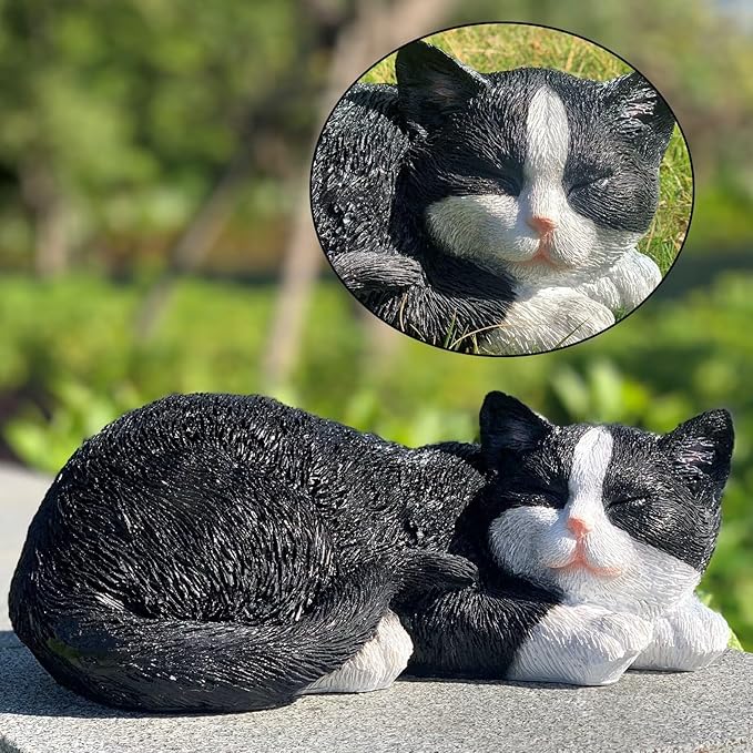 Cat Statue Outdoor Cat Figurines Garden Decor, Black Tabby Statue Figurine Decor Sculpture for Patio, Yard, Sleeping Tabby Statues for Indoor Table Accessory, Gift for Mom