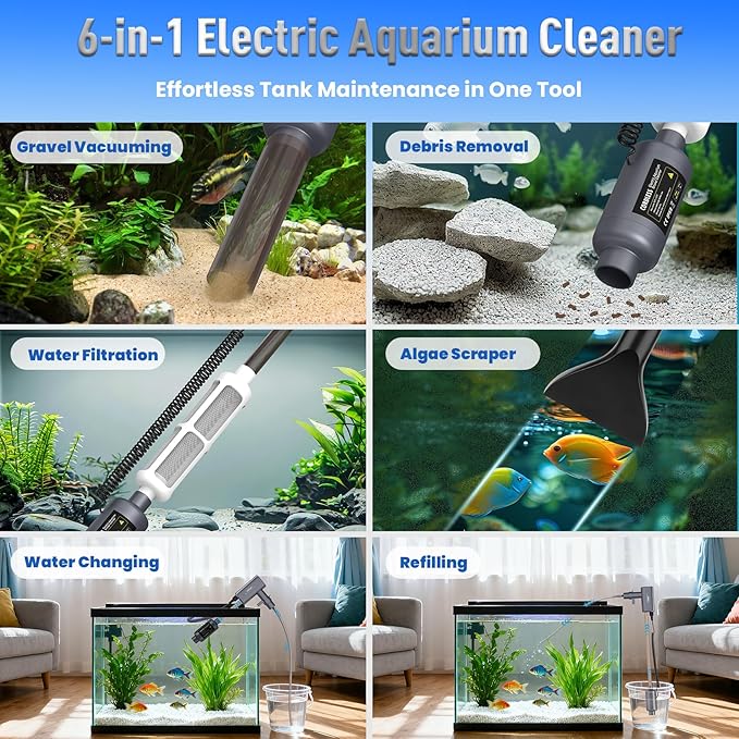 Electric Aquarium Vacuum Gravel Cleaner: Rechargeable Fish Tank Cleaner with 4 Adjustable Suction, Anti-Clog for Debris Clean & Sand Washing,Automatic Water Changer with 12V Safe for Small/Large Tank