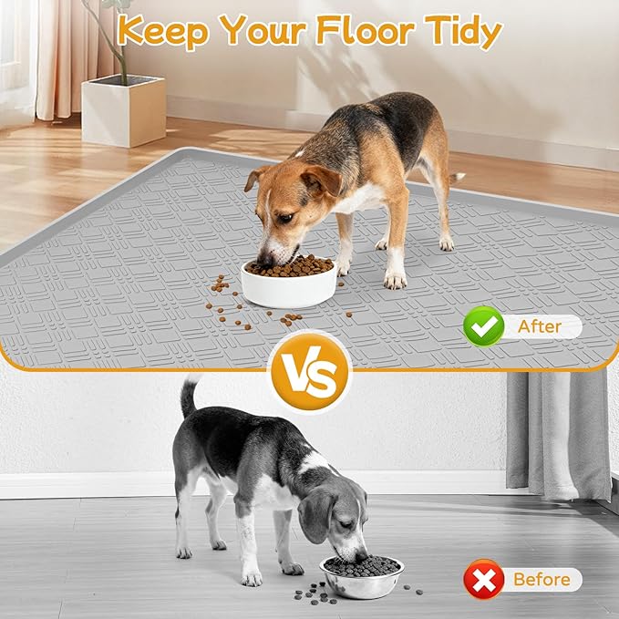 Lanstics Dog Food Mat, 42" x29" Large Silicone Mat Dog Feeding Mat with Raised Edge Non-Slip Pet Feeding Mat for Food and Water Bowl, Easy to Clean, Floor Protection (Light Gray)