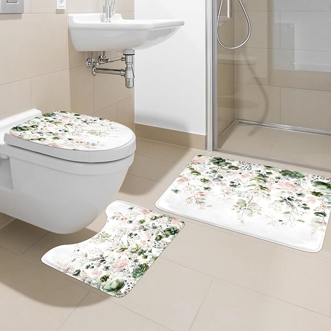 4 PCS Green Pink Floral Flower Shower Curtain Set 72Wx72H Inch Watercolor Pastel Plant Complete Bathroom Set Non-Slip Bath Rug Toilet Lid Cover and U Shape Mat Accessories 12 Hook Bathoom Decor