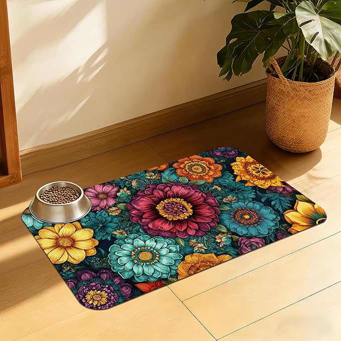 Vintage Floral Pet Feeding Mat, Fast-Dry Absorbent Dog and Cat Bowl Mat, Waterproof Rubber Base – 12x20 Inch