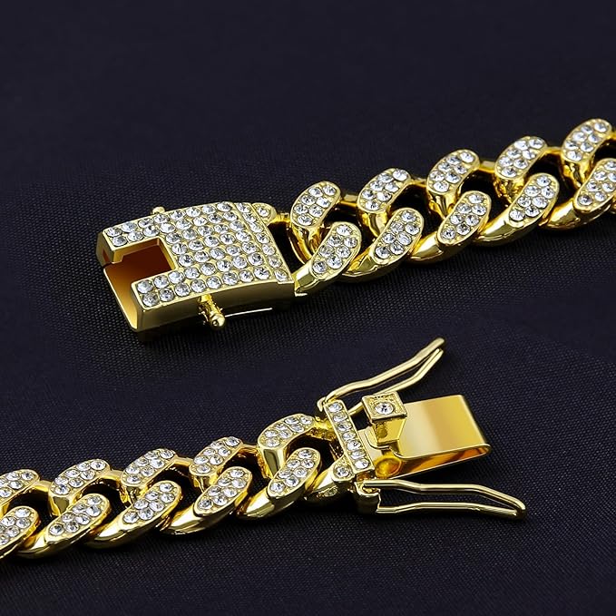 Dog Chain Designer Gold Crystal Pet Collar Cuban Link Chain with Secure Buckle Luxury Adjustable Necklacefor Small Medium Large Dogs Cats(Glod 20inch)