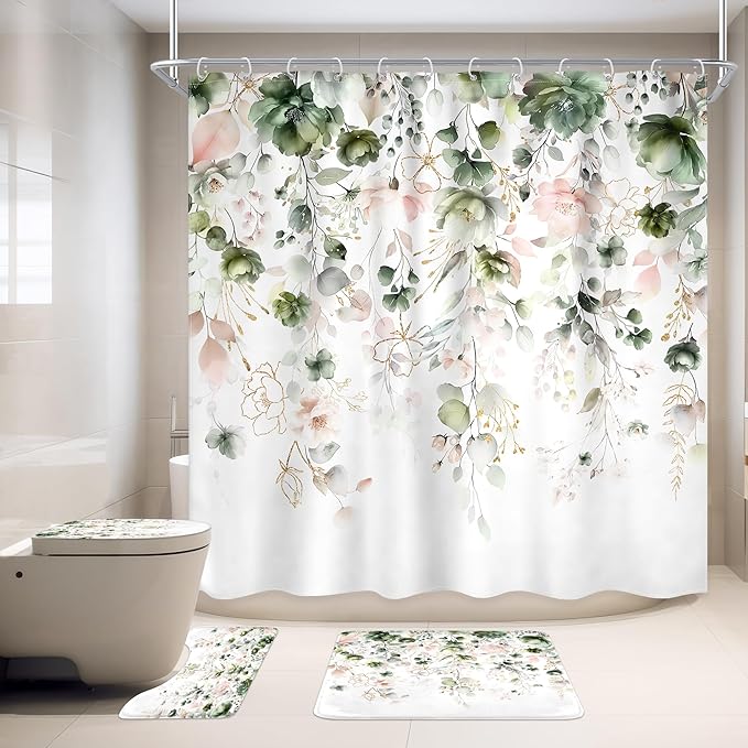 4 PCS Green Pink Floral Flower Shower Curtain Set 72Wx72H Inch Watercolor Pastel Plant Complete Bathroom Set Non-Slip Bath Rug Toilet Lid Cover and U Shape Mat Accessories 12 Hook Bathoom Decor