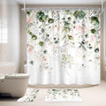 4 PCS Green Pink Floral Flower Shower Curtain Set 72Wx72H Inch Watercolor Pastel Plant Complete Bathroom Set Non-Slip Bath Rug Toilet Lid Cover and U Shape Mat Accessories 12 Hook Bathoom Decor