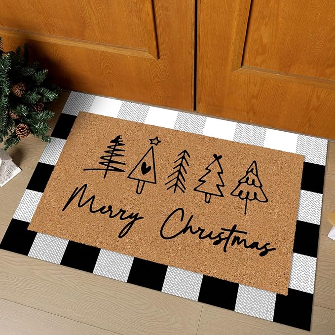 Tinideya 2 Pcs Door Mat Welcome Non Slip Coir Mats Floor Layering Doormats Seasonal for Front Porch Entryway Decor(Christmas)