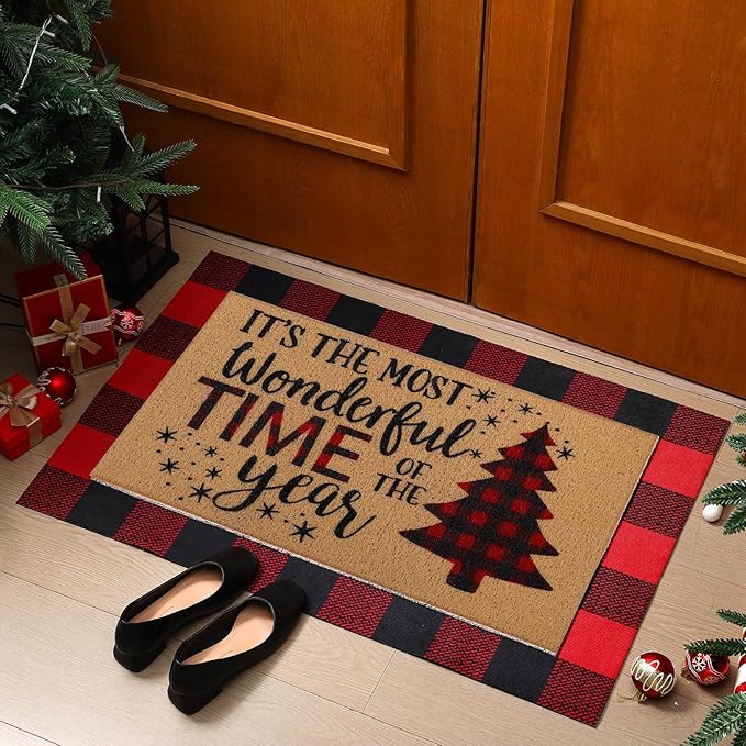 Tinideya 2 Pcs Door Mat Welcome Non Slip Coir Mats Floor Layering Doormats Seasonal for Front Porch Entryway Decor(Christmas Tree)