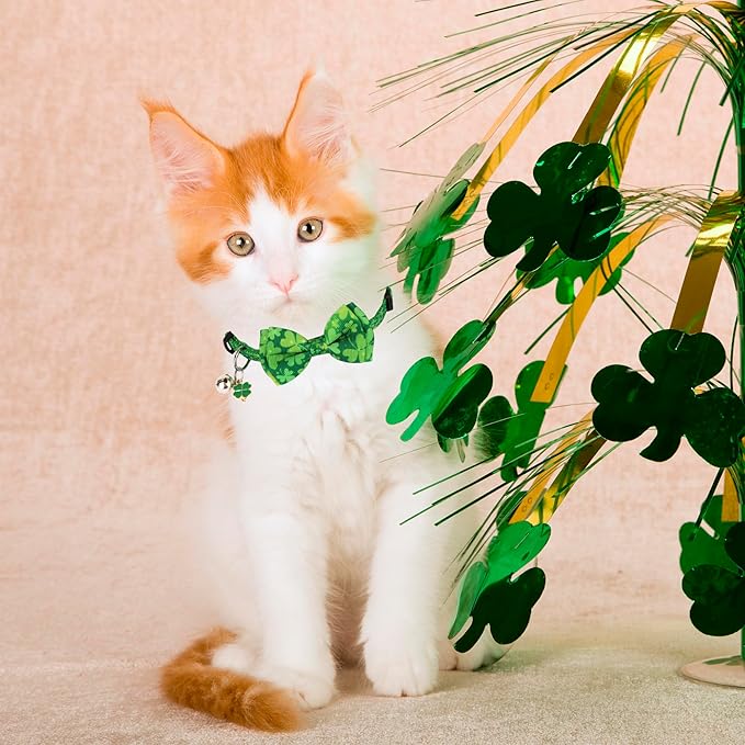 ADOGGYGO St. Patrick's Day Cat Collars with Bow Bell, Breakaway Cat Bowtie Collar Green Shamrock Pattern Saint Patrick Collars for Girl Boy Cats Kittens (St. Patrick's Day)