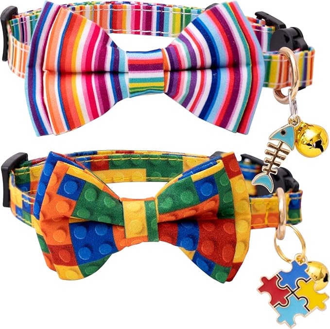 Faygarsle 2 Pack Breakaway Bowtie Cat Collar with Bell for Male Female Cats Fancy Yellow Blue with Toy Building Blocks Streaks Pattern Spring Summer Cat Collar for Boy Girl Cats