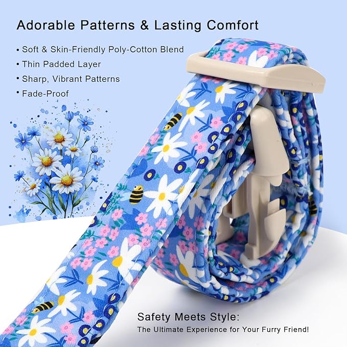 Floral Dog Collar for Small Dogs - Cute Spring Dog Collars, Soft Lightweight Bee & Daisy Puppy Collar, Breathable Adjustable Male Female Blue Wildflowers Dogs Collars XS